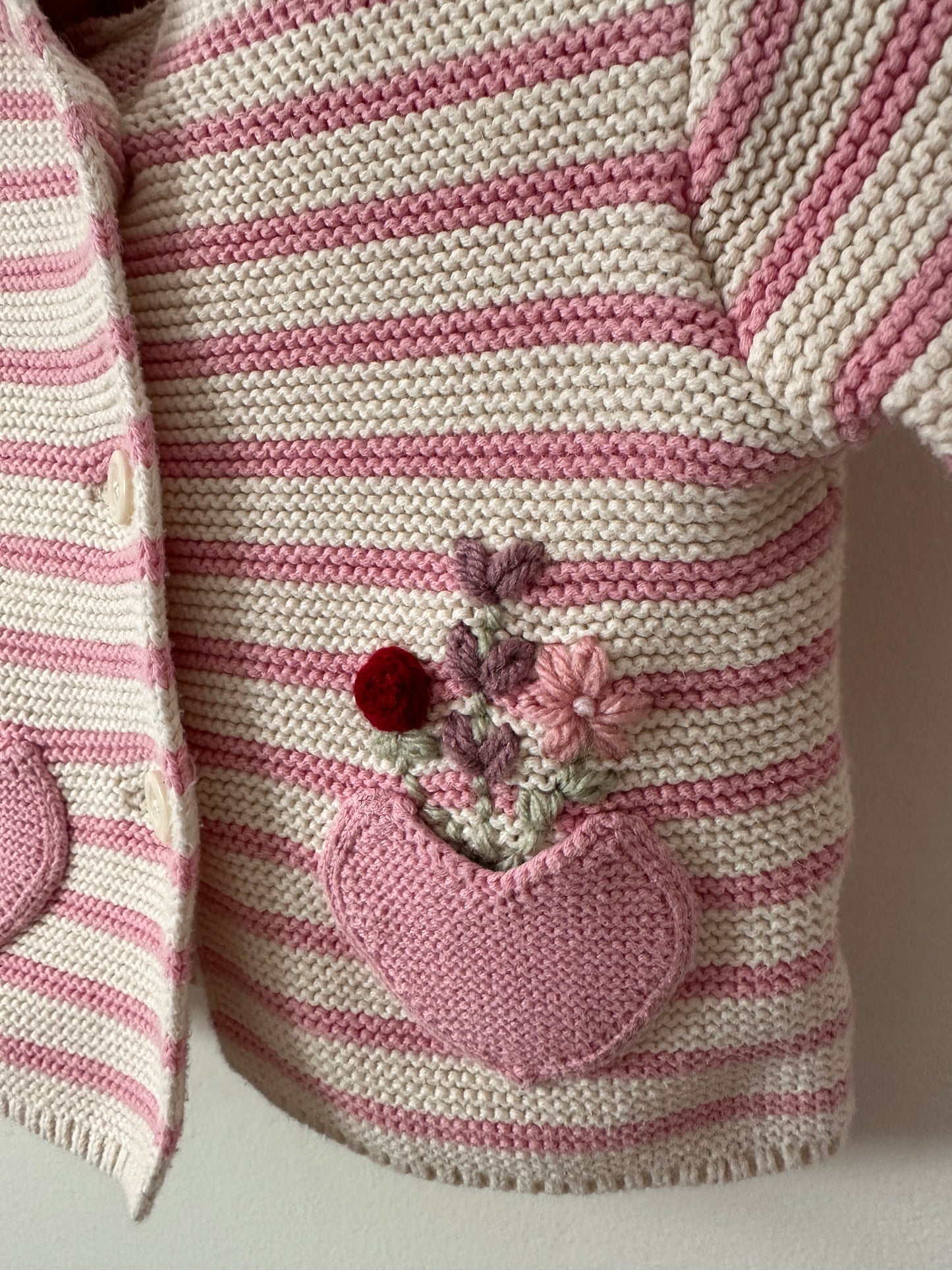 3-6M Floral Heart Pocket Pink & White Striped Cardigan w/ Hood (Preloved)