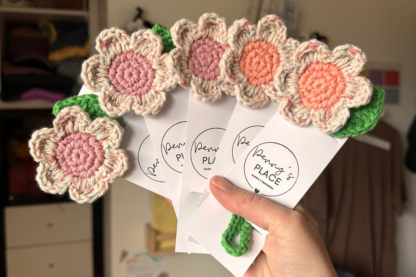 Speckled Cream Petals & Peach Centre Crochet Flower Bookmark