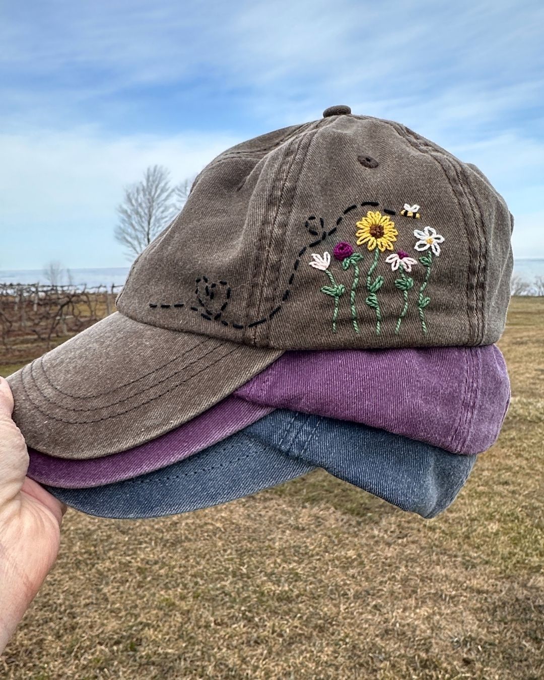 Bee Among the Blooms Hand Embroidered Floral Dad Hat