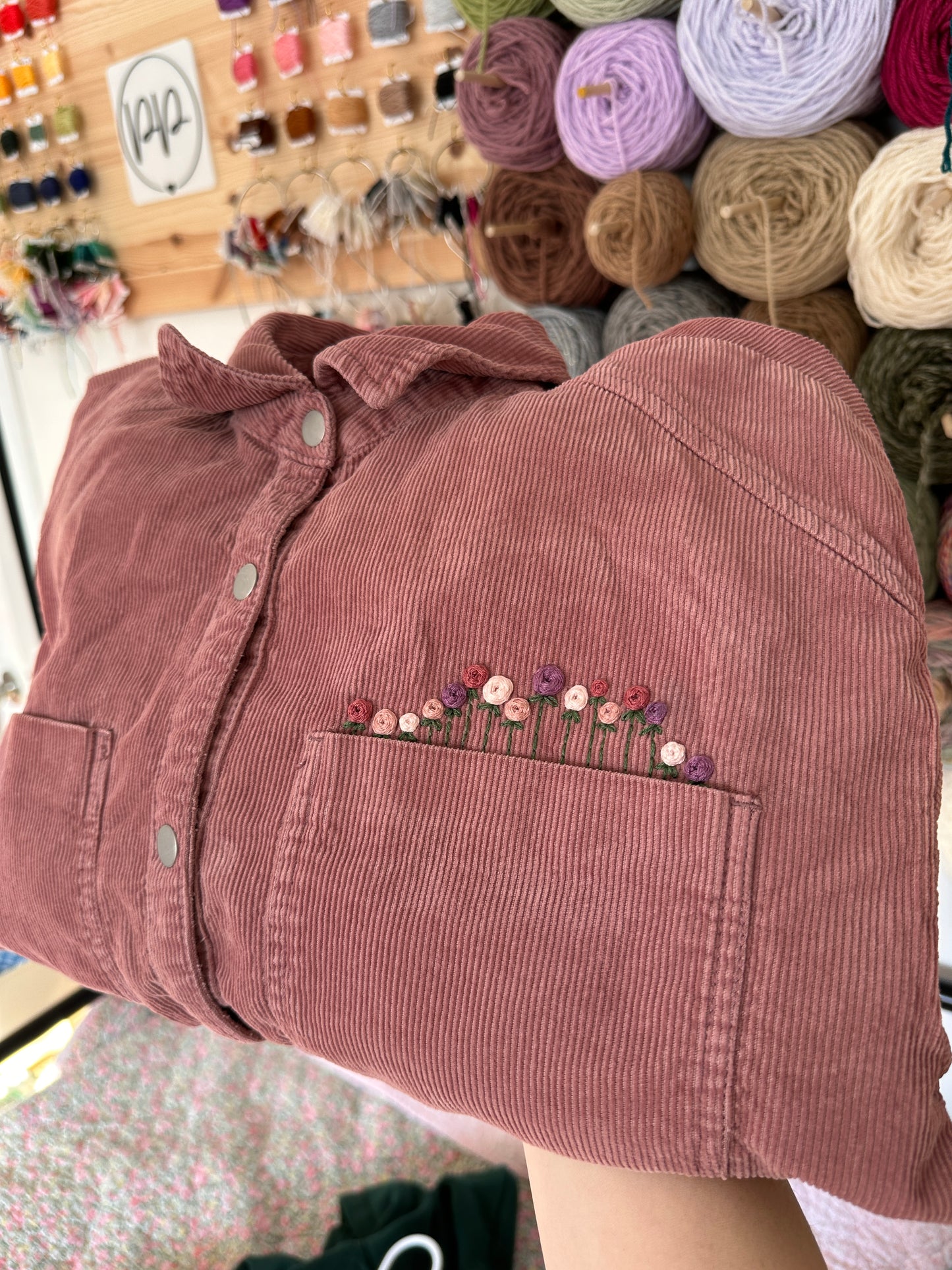 Adult MEDIUM Dusty Rose Corduroy Shirt with Embroidered Roses on Left Pocket (Preloved)