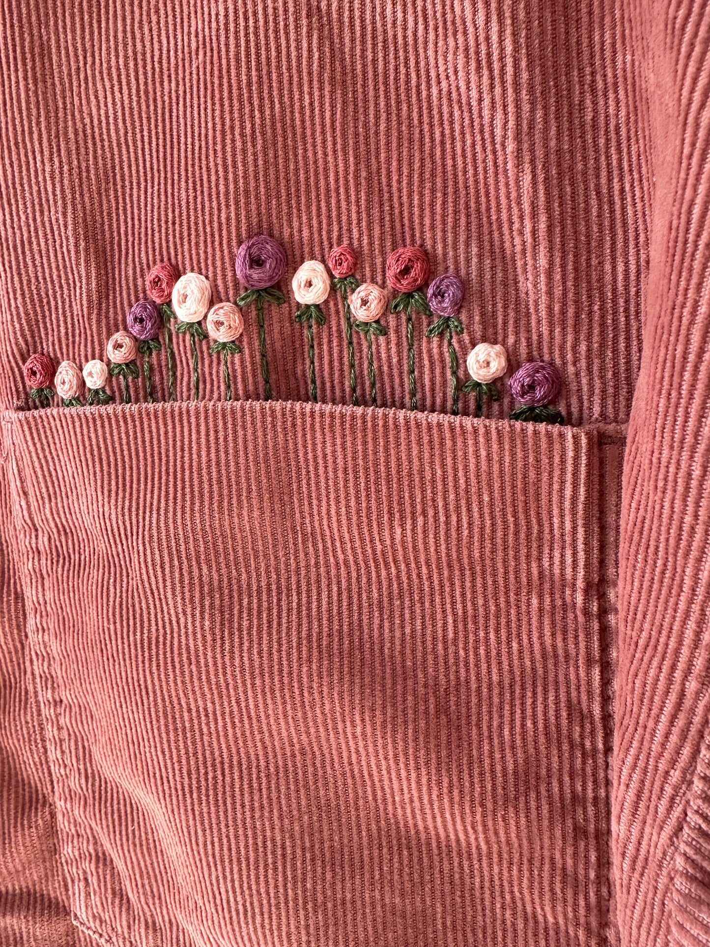Adult MEDIUM Dusty Rose Corduroy Shirt with Embroidered Roses on Left Pocket (Preloved)
