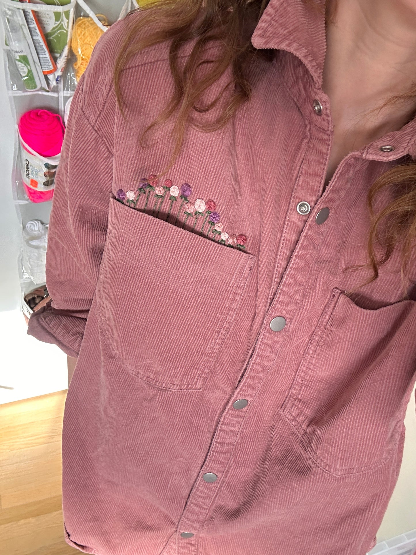 Adult MEDIUM Dusty Rose Corduroy Shirt with Embroidered Roses on Left Pocket (Preloved)