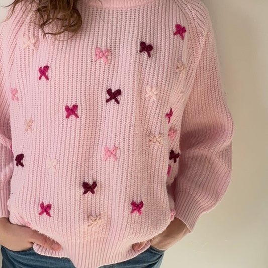 Adult LARGE Pink Knit Sweater with Scattered Embroidered Bows (Preloved)
