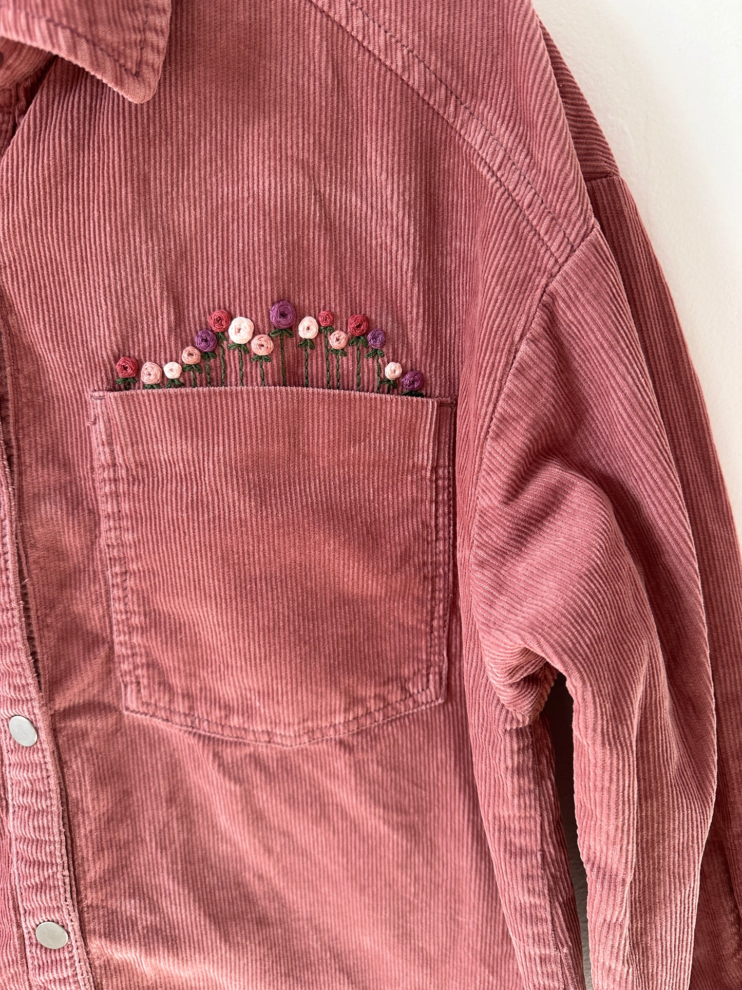 Adult MEDIUM Dusty Rose Corduroy Shirt with Embroidered Roses on Left Pocket (Preloved)