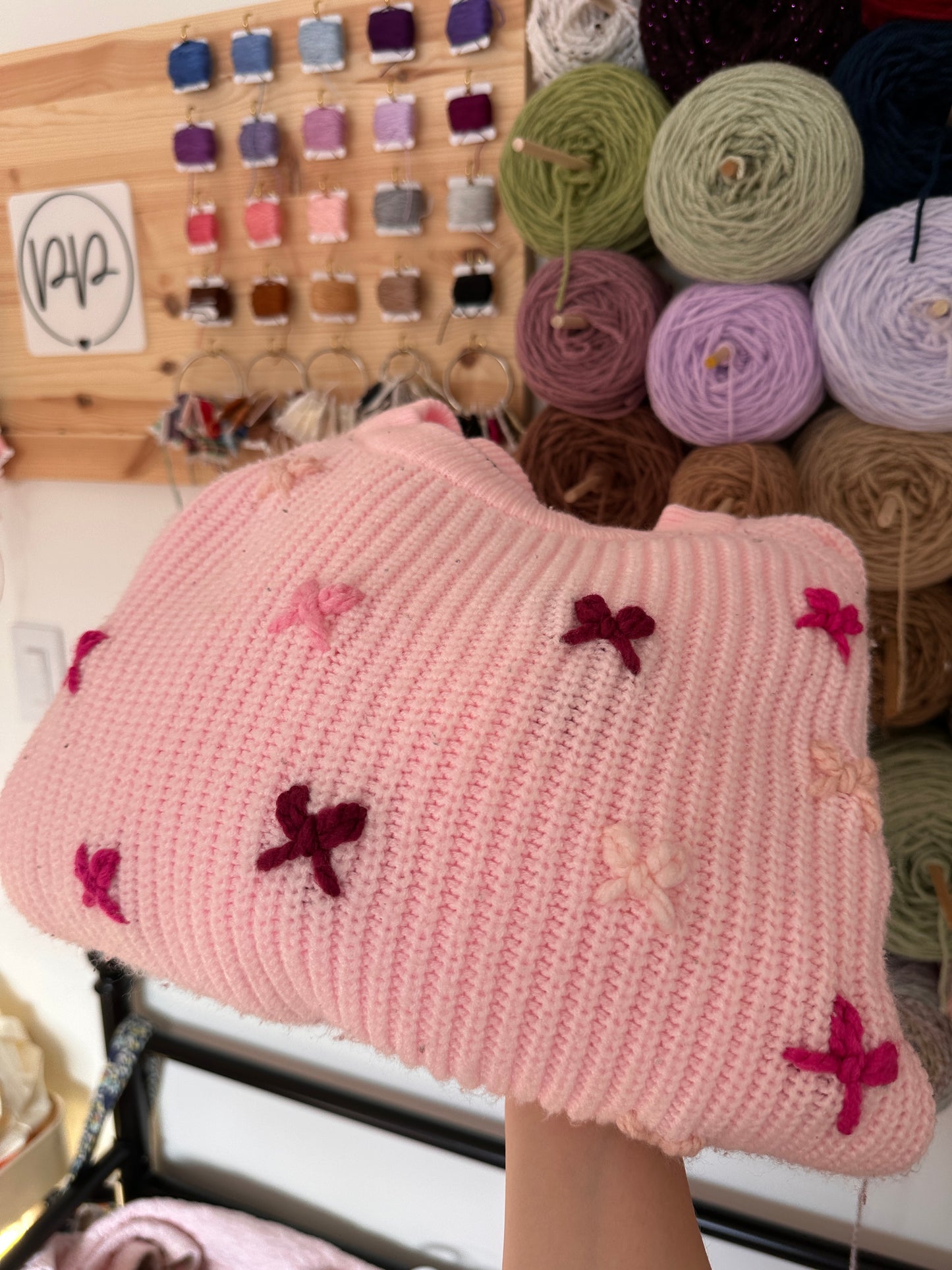 Adult LARGE Pink Knit Sweater with Scattered Embroidered Bows (Preloved)