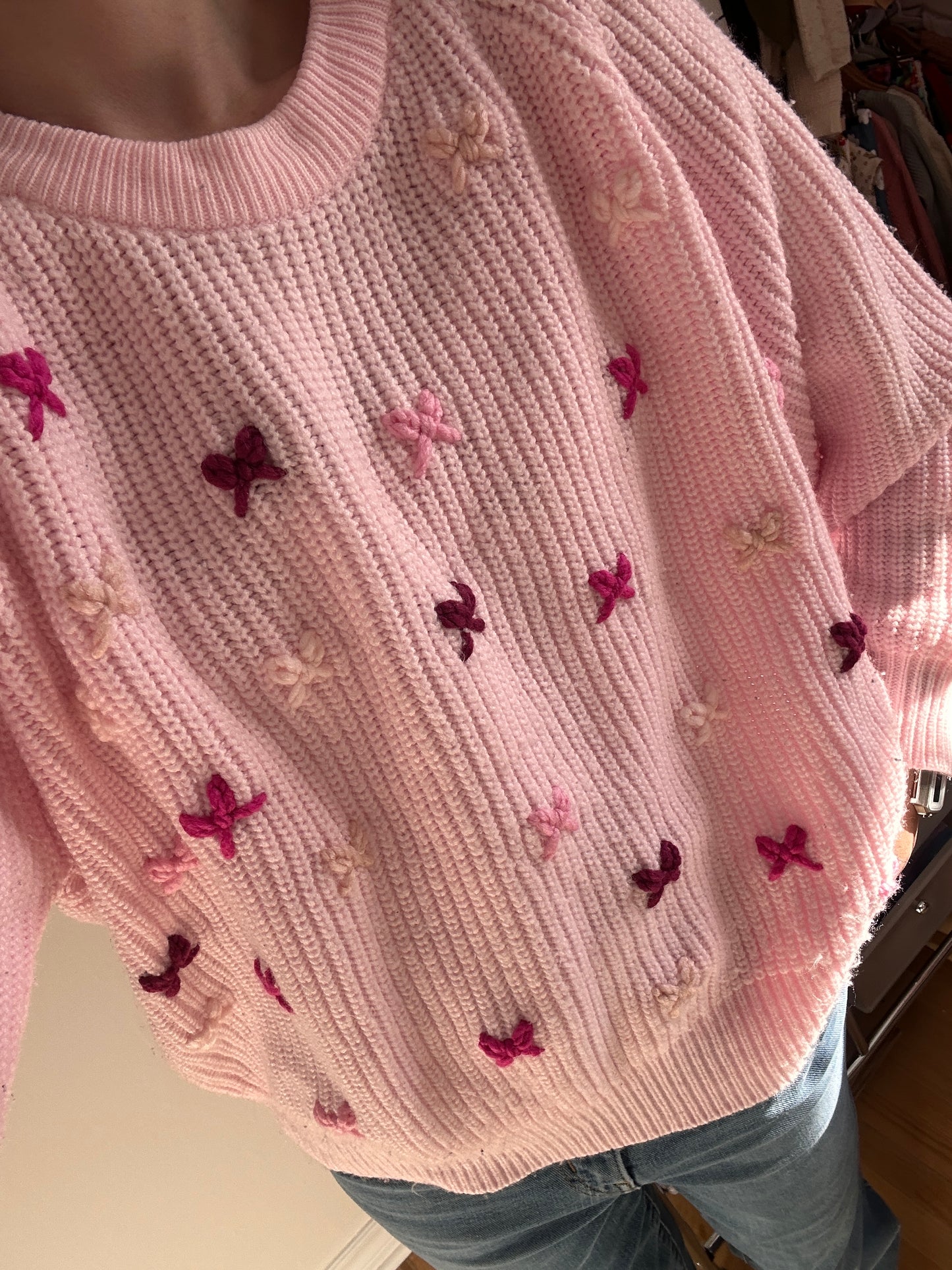 Adult LARGE Pink Knit Sweater with Scattered Embroidered Bows (Preloved)