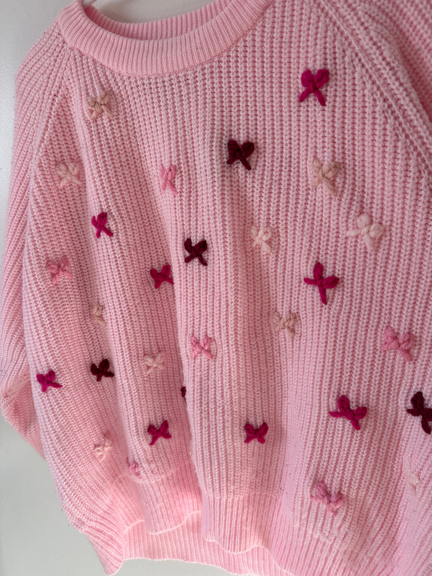 Adult LARGE Pink Knit Sweater with Scattered Embroidered Bows (Preloved)