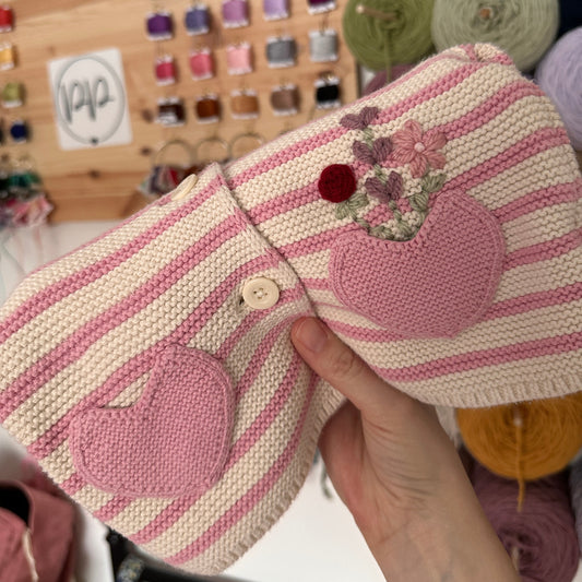 3-6M Floral Heart Pocket Pink & White Striped Cardigan w/ Hood (Preloved)