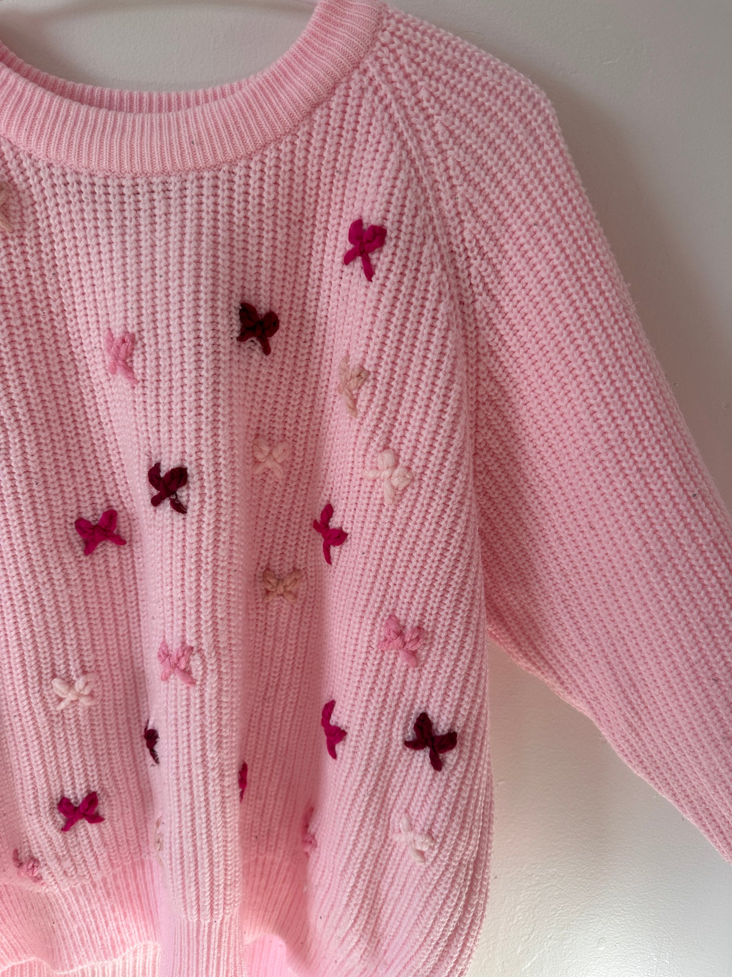 Adult LARGE Pink Knit Sweater with Scattered Embroidered Bows (Preloved)