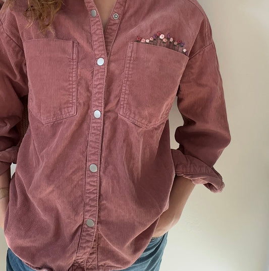 Adult MEDIUM Dusty Rose Corduroy Shirt with Embroidered Roses on Left Pocket (Preloved)