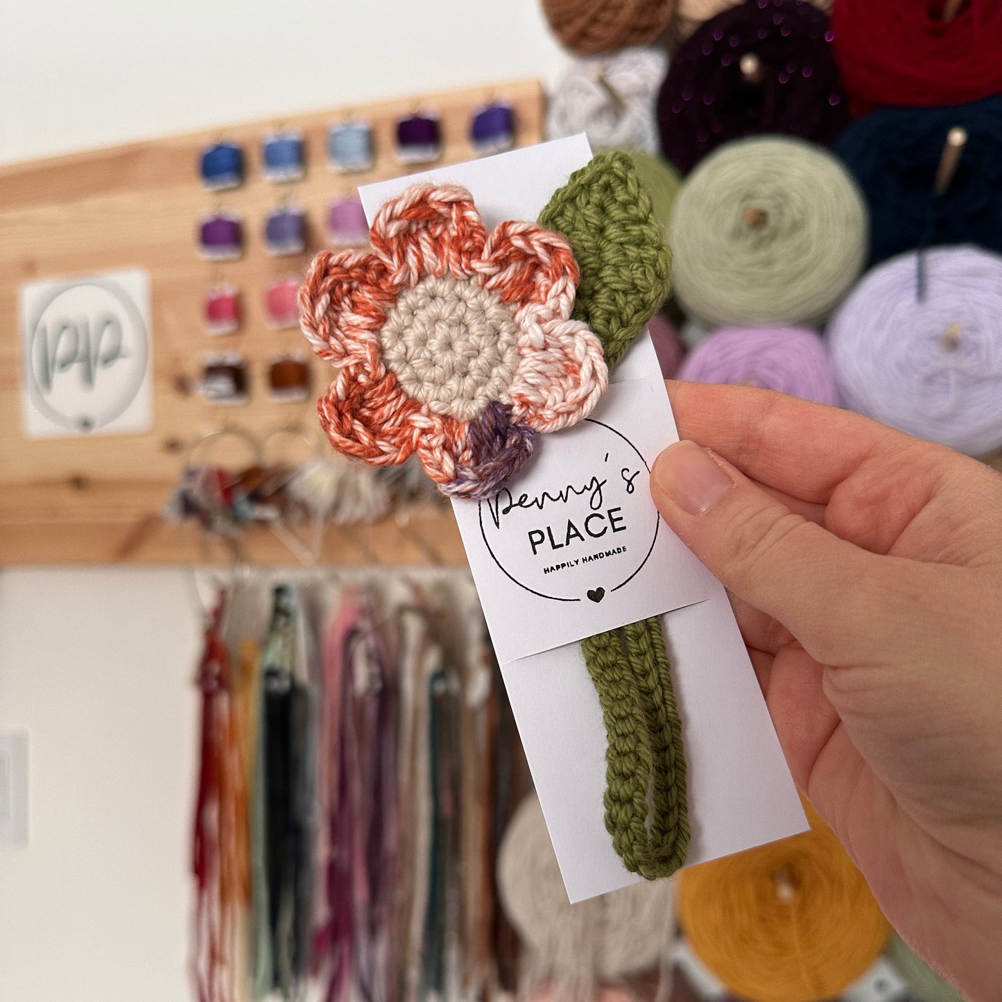 Orange/Purple Petal & Oat Centre Crochet Flower Bookmark