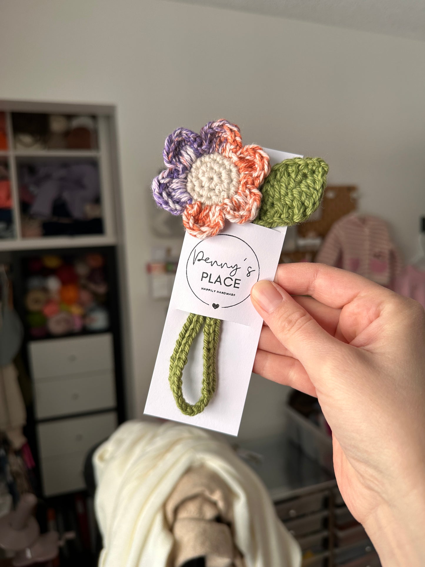 Purple/Orange Petal & Oat Centre Crochet Flower Bookmark