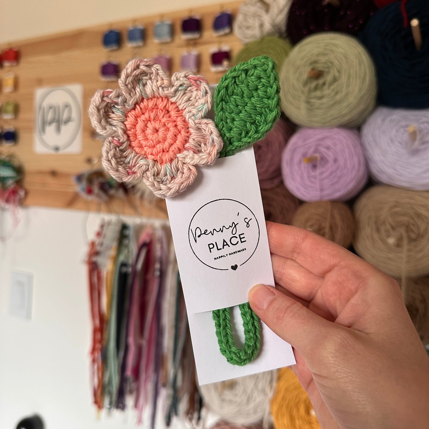 Speckled Cream Petals & Peach Centre Crochet Flower Bookmark