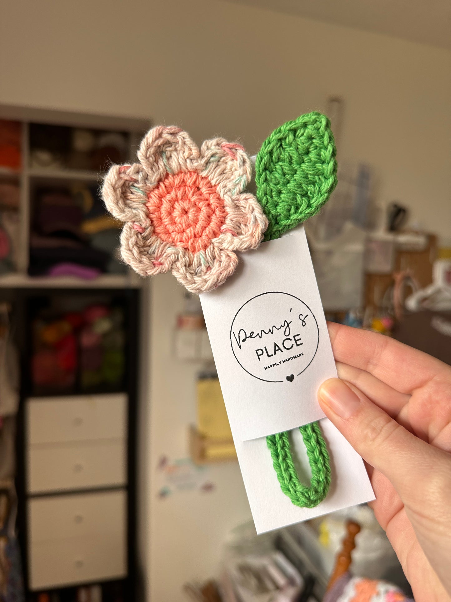 Speckled Cream Petals & Peach Centre Crochet Flower Bookmark