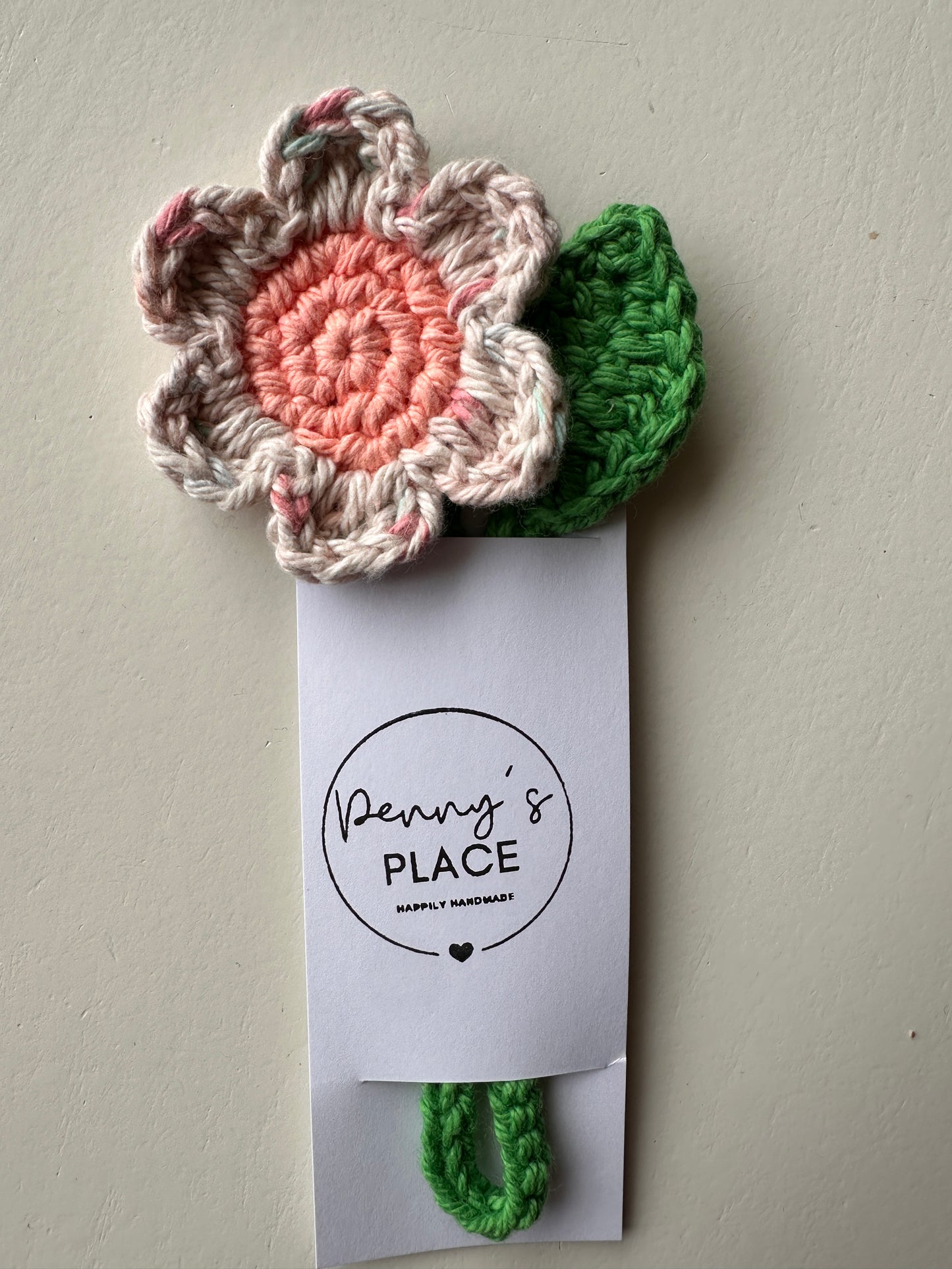 Speckled Cream Petals & Peach Centre Crochet Flower Bookmark