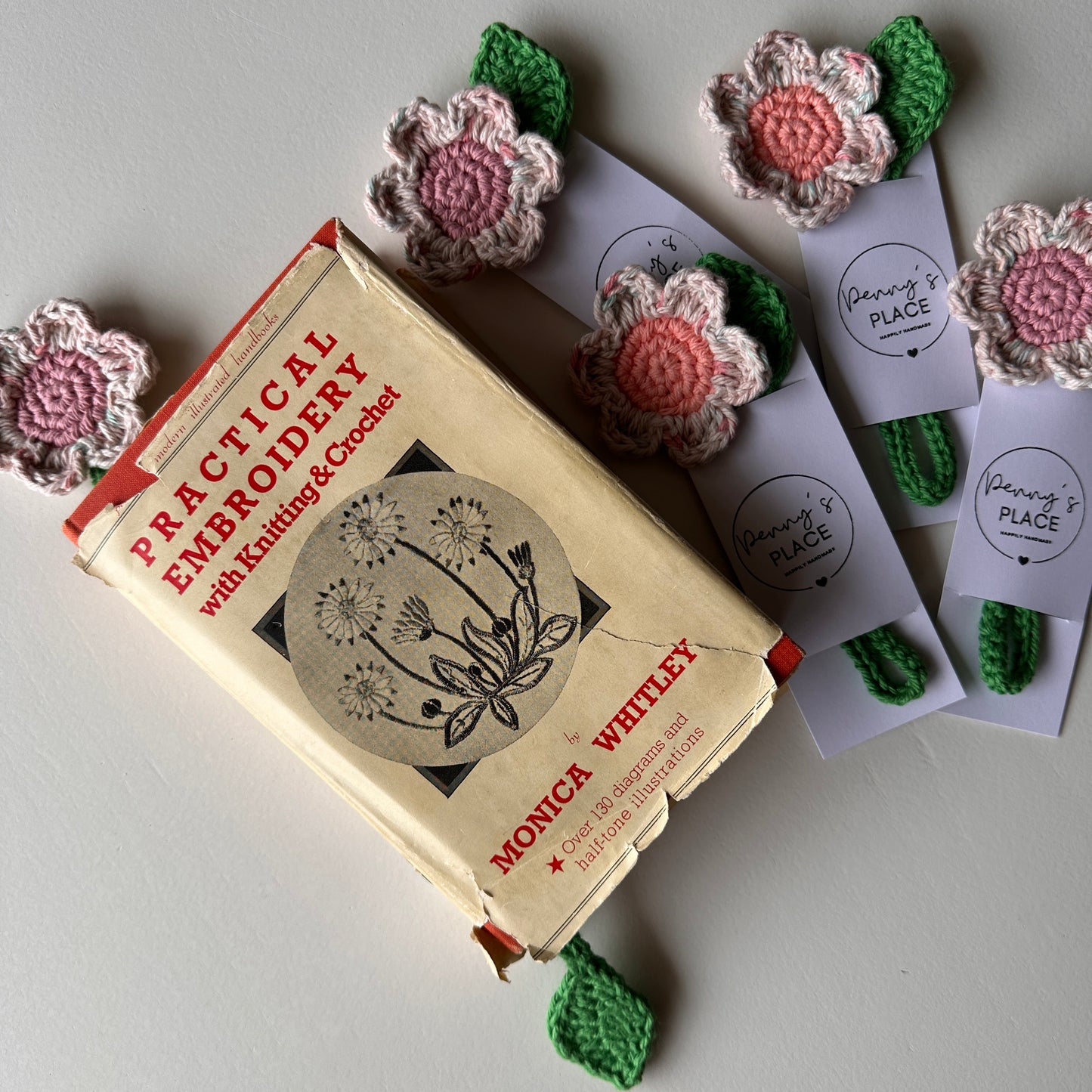 Speckled Cream Petals & Peach Centre Crochet Flower Bookmark